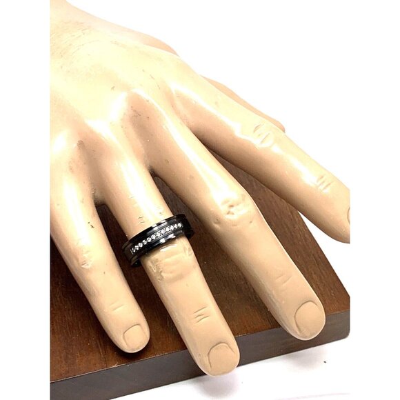 Men's Wedding Band Black Stainless Steel Diamond 7mm Wide Ring Size 8.25 - Picture 5 of 13